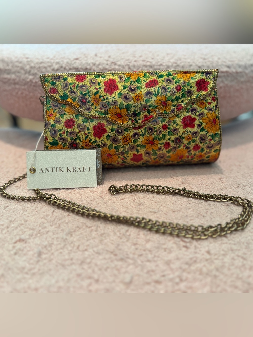 Antik Kraft Yellow Floral Print Clutch with Gold Chain
